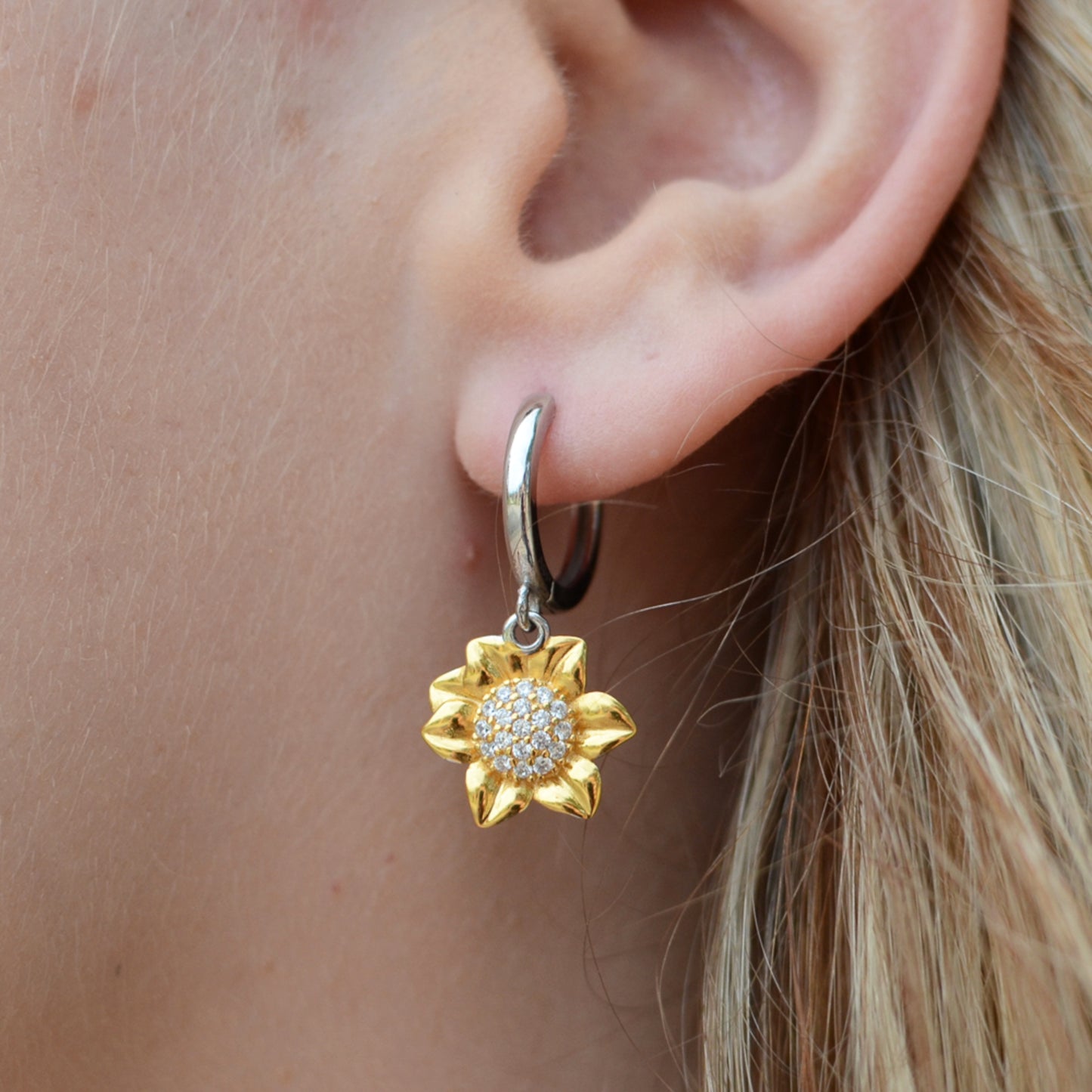 Sunflower Earrings in Solid Sterling Silver and 14K Gold Detail Two Tone Jewelry
