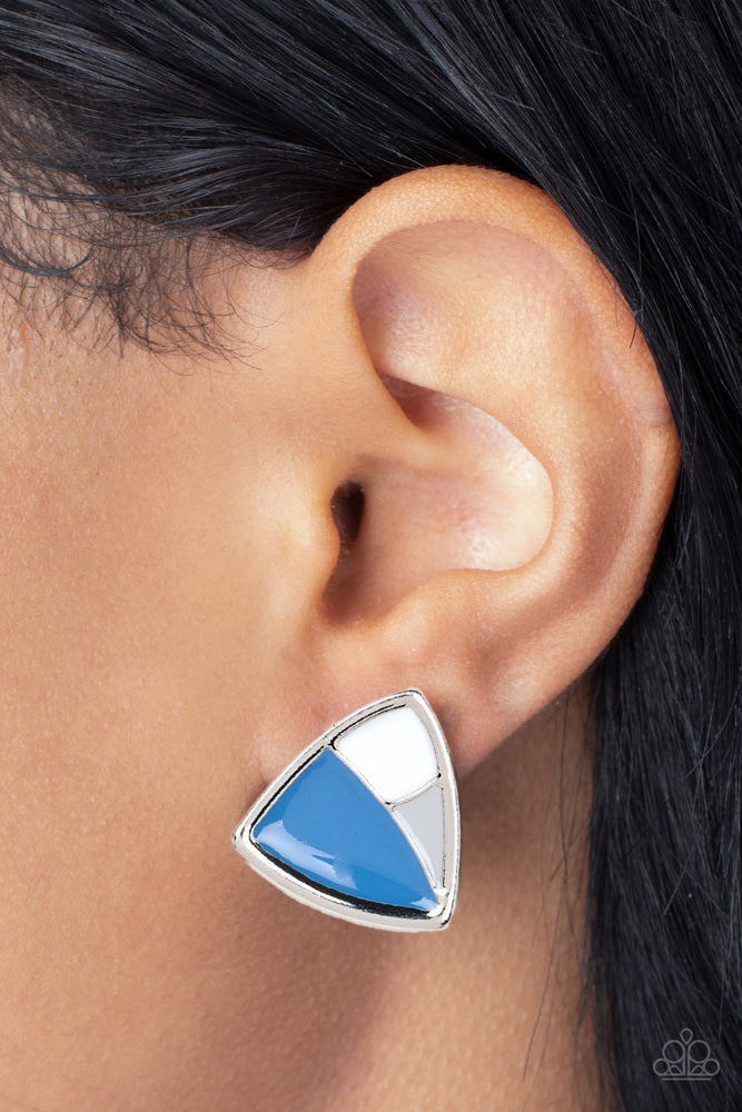Asymmetric Earrings Triangle Post in Blue and White - Kaleidoscopic Collision