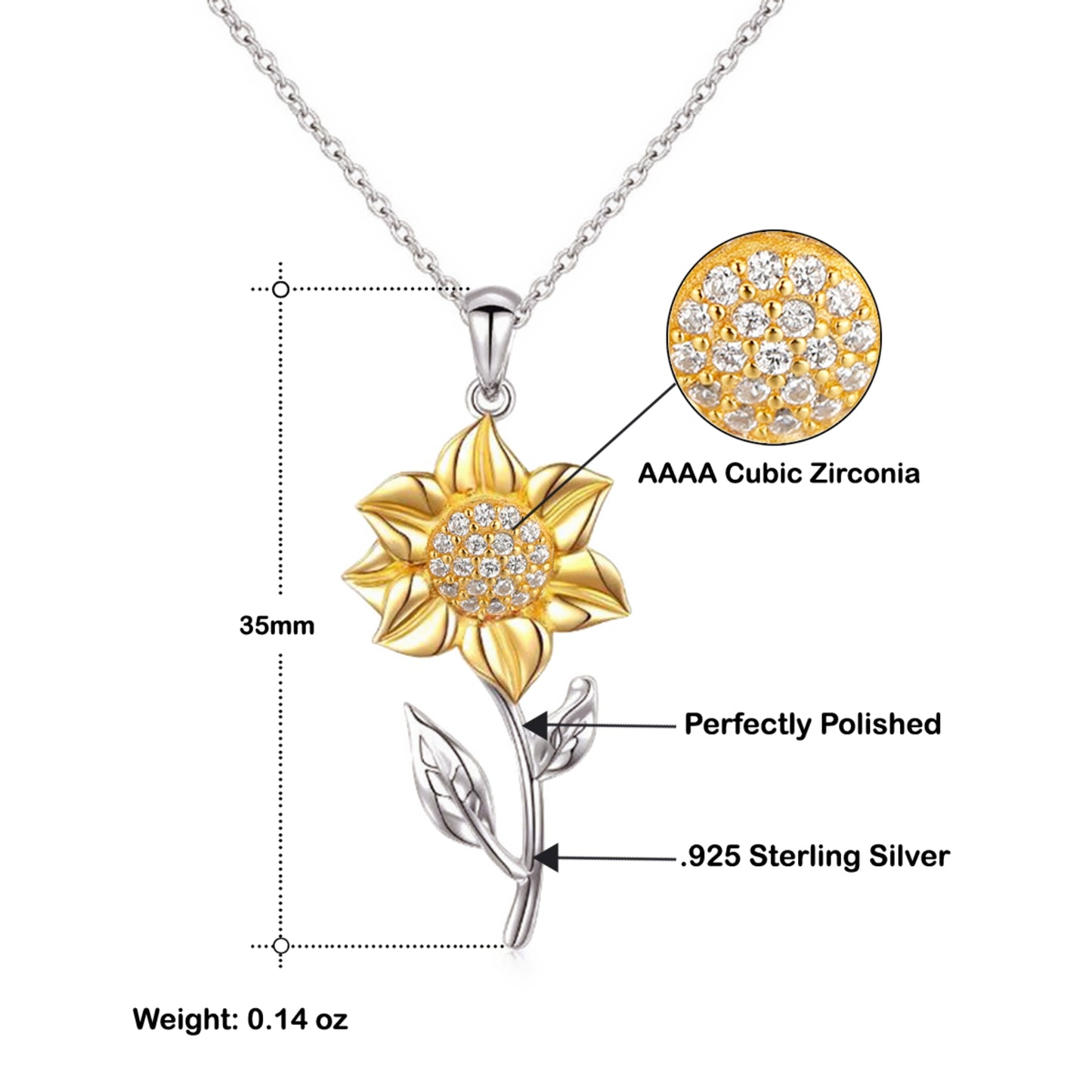 Sunflower Necklace in Solid STerling Silver and 14K Gold Detail Two Tone Jewelry