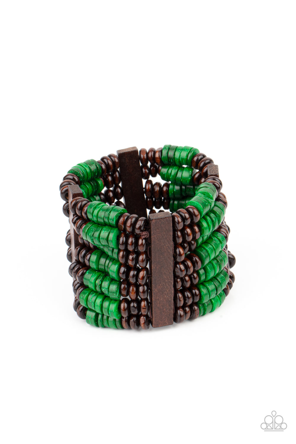 Beaded Bracelet Stretch with Brown and Green Wood Beads - Vacay Vogue