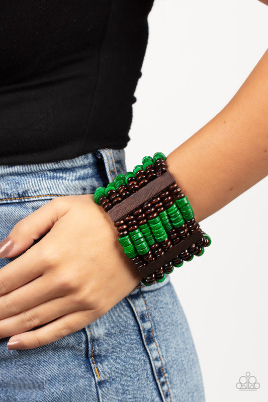 Beaded Bracelet Stretch with Brown and Green Wood Beads - Vacay Vogue