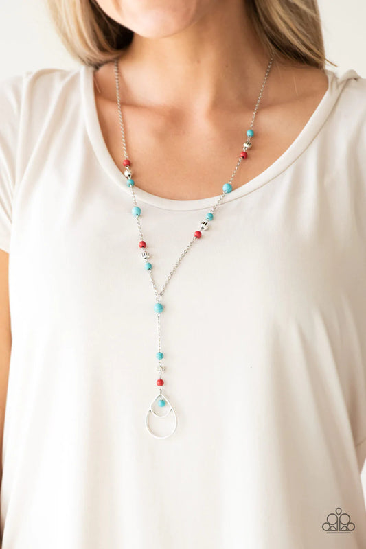 Beaded Necklace Lariat with Red and Turquoise Stones in Silver - Sandstone Savannah's
